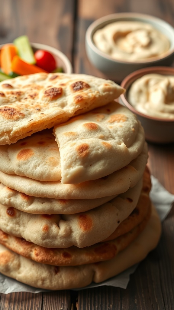 Trader Joe Freshly baked pita bread stacked with one open, served with hummus and vegetables.